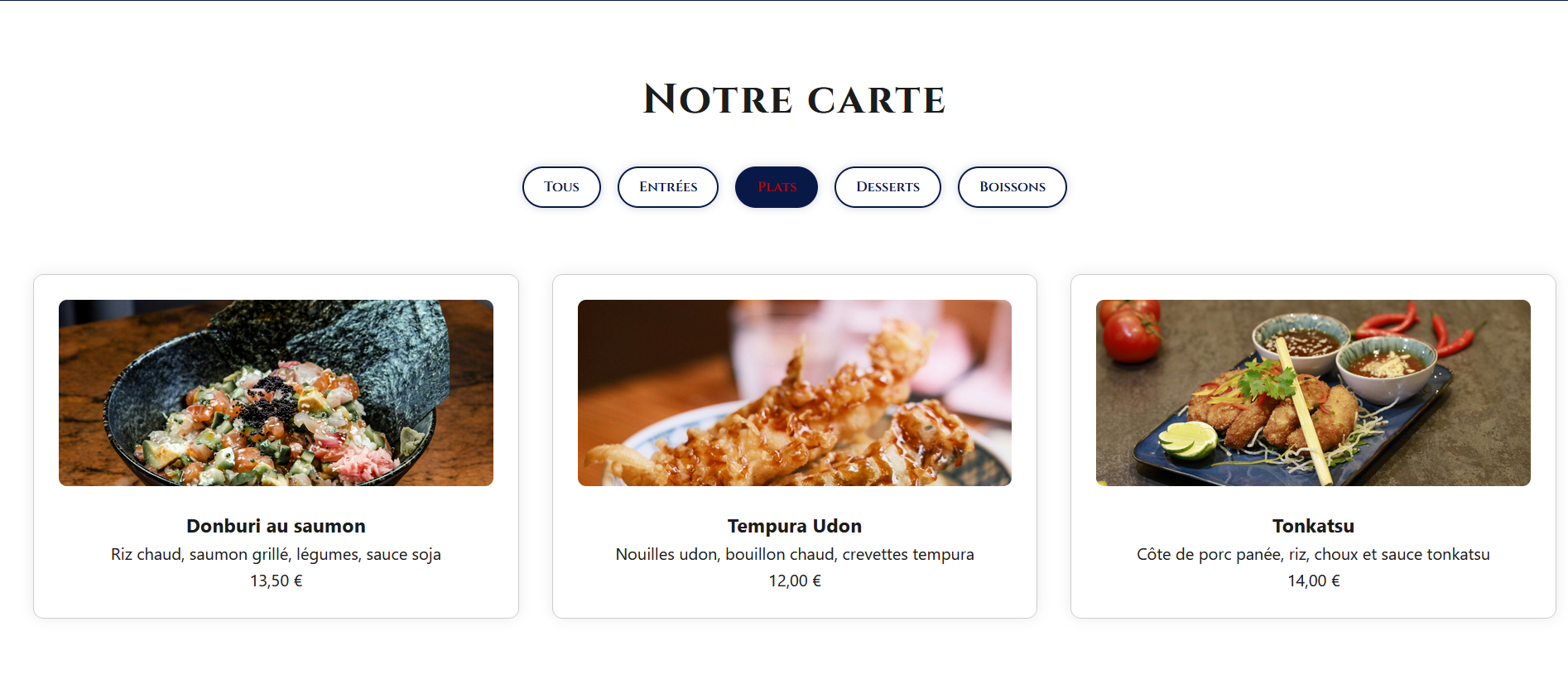 Page carte du restaurant Ao Nami